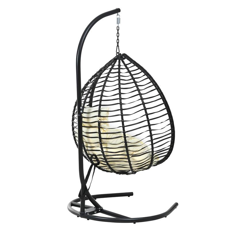 Foldable Rattan Hanging Hammock Chair with Stand and Plush Cushion for Indoor and Outdoor