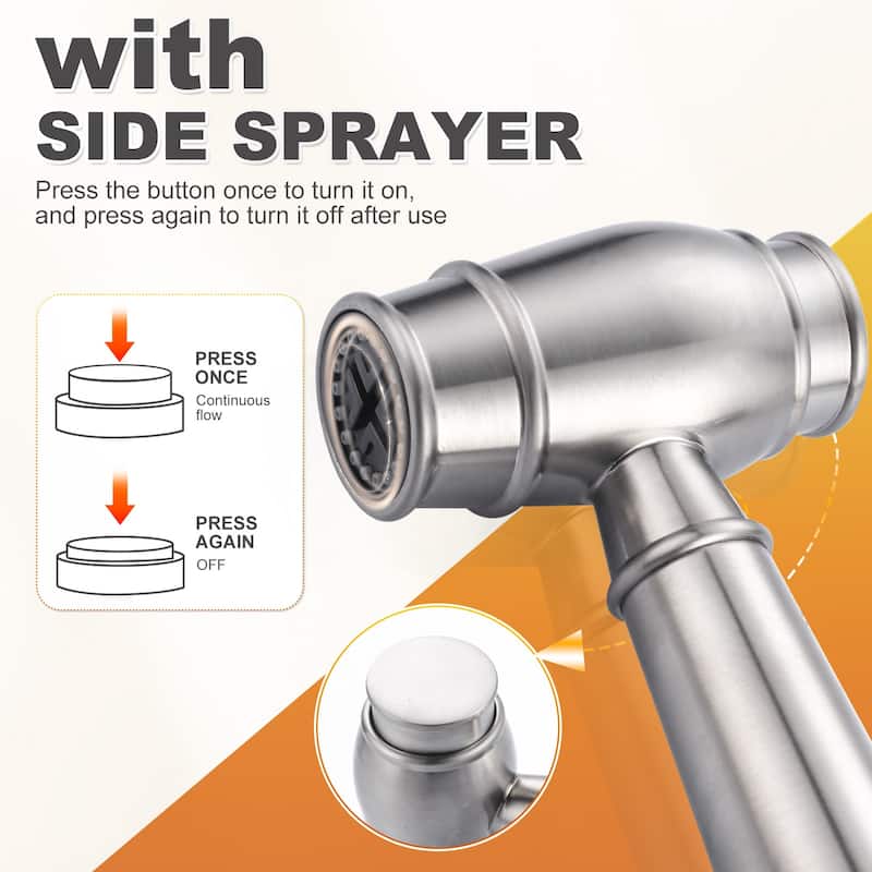 WOWOW 4 Hole Double Handle Bridge Kitchen Faucet with Side Sprayer