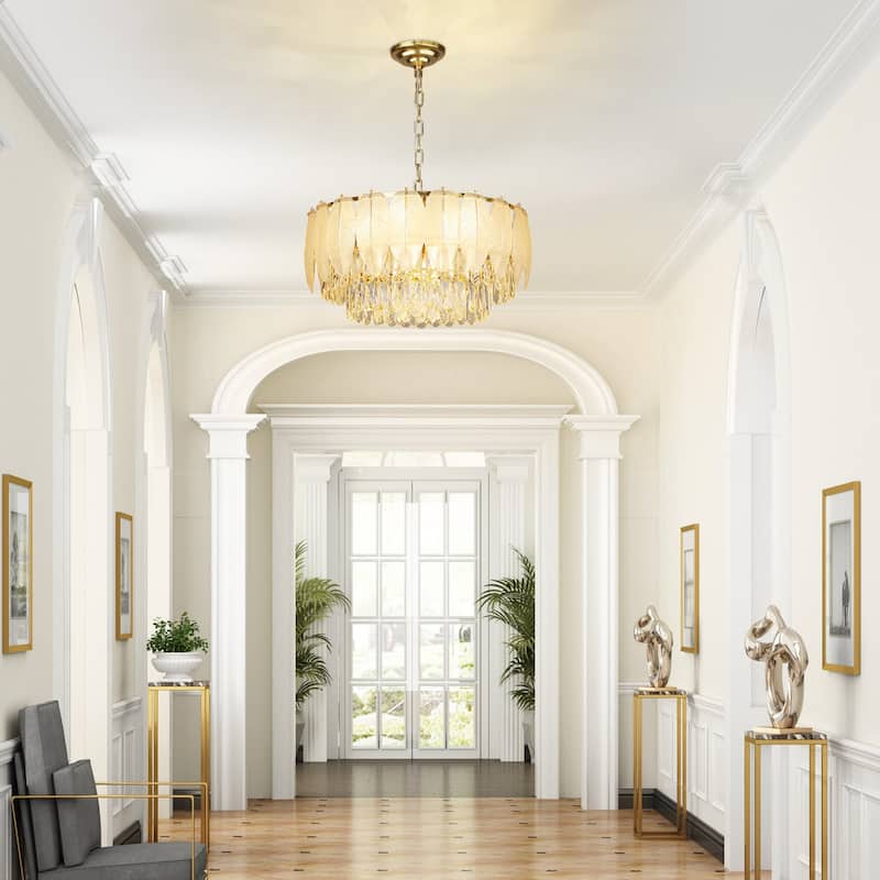 Modern Luxury Crystal Chandeliers, Adjustable Round Feather Crystal Pendant Light for Living Room, Bulbs Included