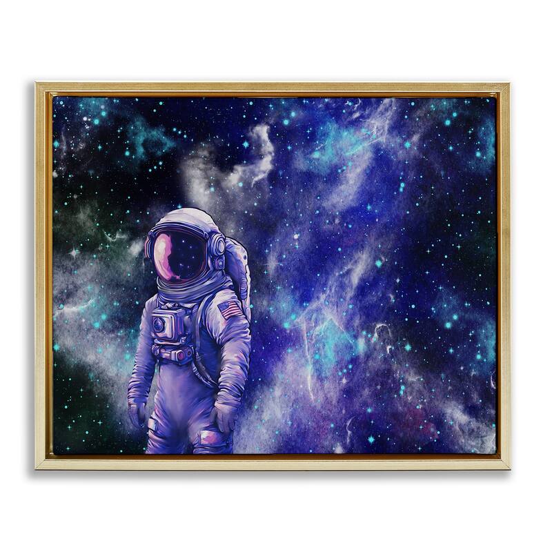 Stupell Astronaut with Blue Nebula Framed Floater Canvas Wall Art Design By Jesse Keith - 21 x 17 - Gold