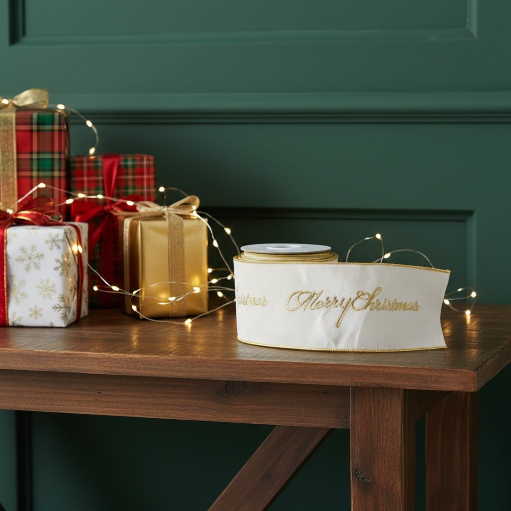 HomeRoots 4" White And Gold Embroidered Merry Christmas Wired Ribbon