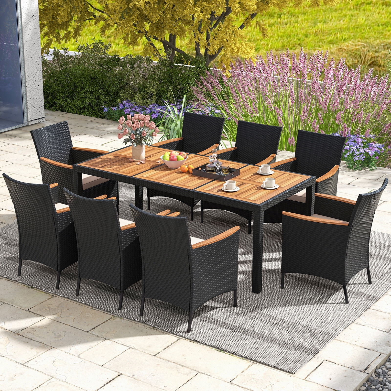 Costway 9 PCS Outdoor Dining Set with Acacia Wood Tabletop, Umbrella - See Details