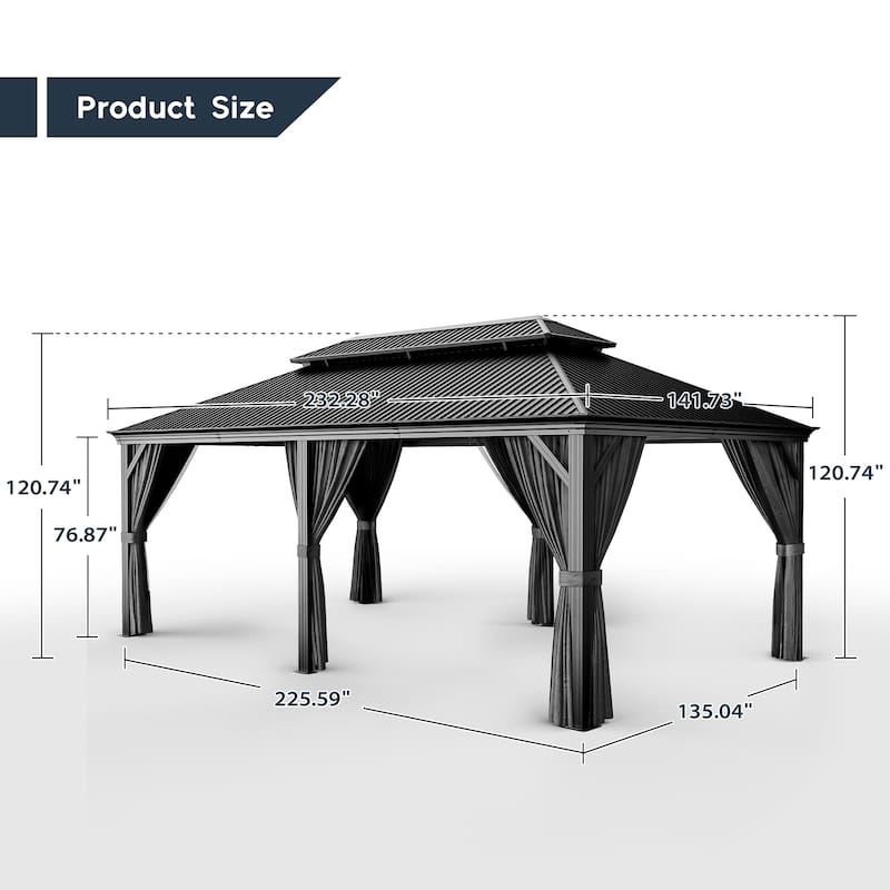 12 ft. x 20 ft. Double Roof Hardtop Aluminum Patio Gazebo with Netting and Curtains