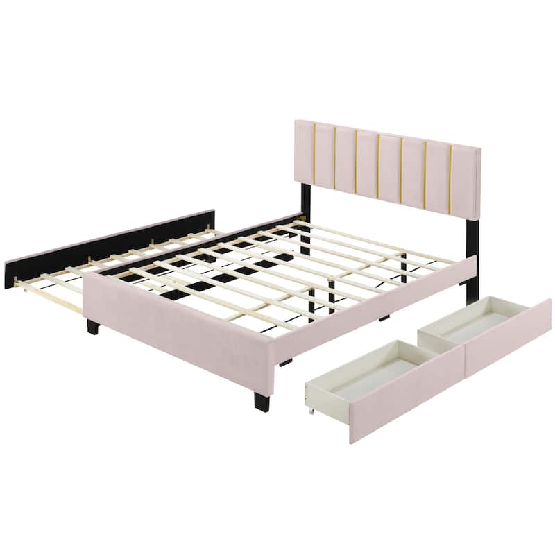 HomeRoots Pink Tufted Velvet Upholstered Queen Bed Frame With Trundle And Drawers