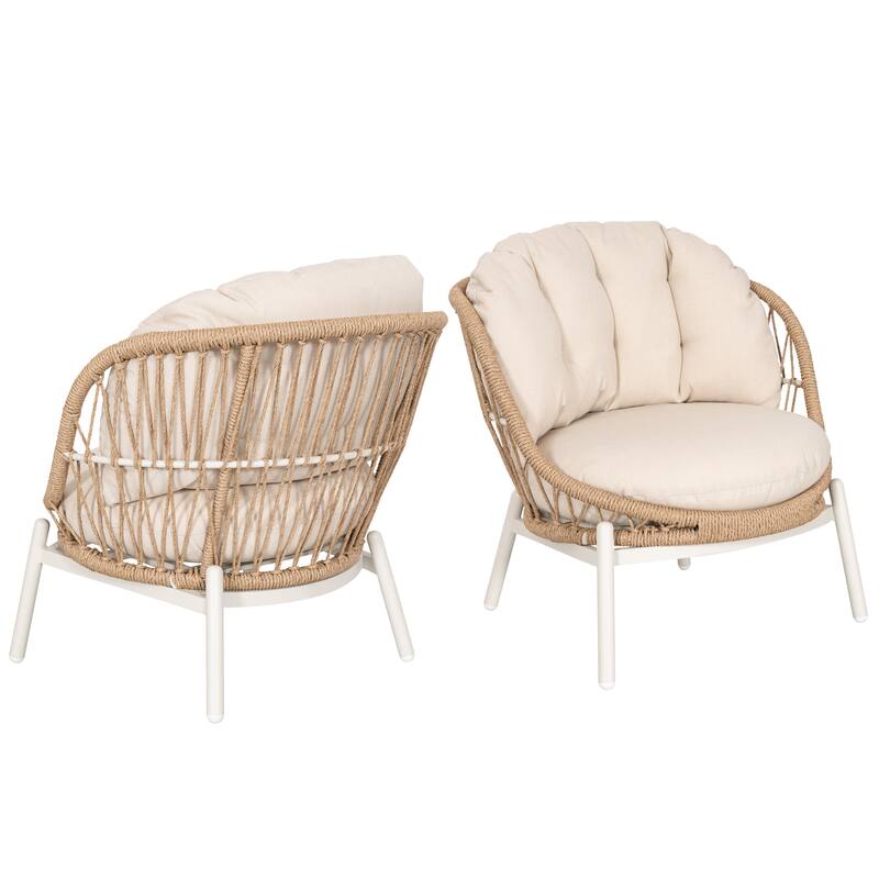 Outdoor 2-Piece Aluminum Rattan Single Sofas with Beige Cushions