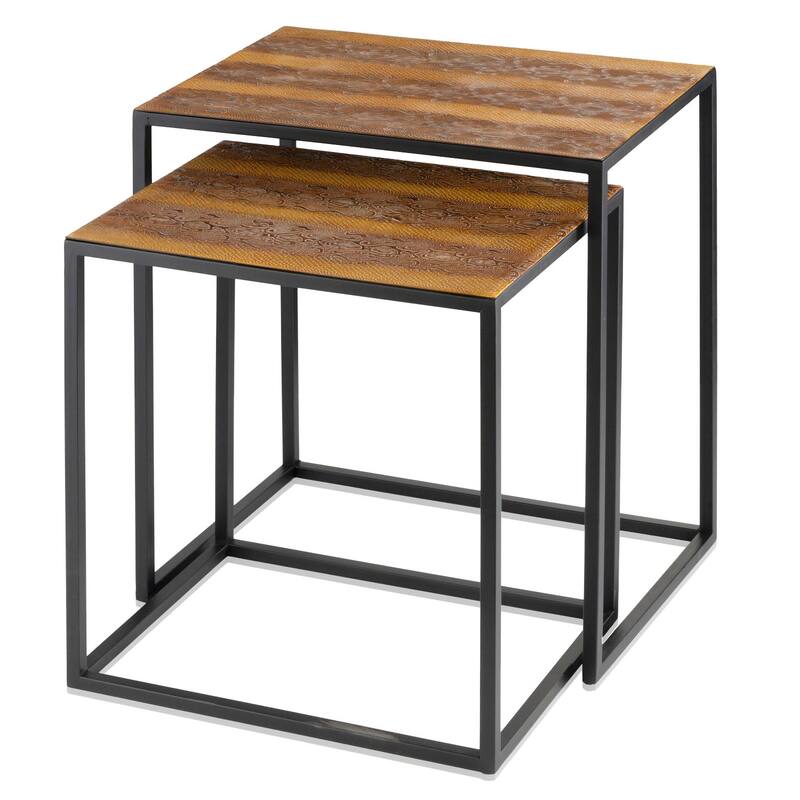 HomeRoots Set of Two Brown and Black Metal And Faux Snake Leather Nesting End Tables - 19.75' X '22' X '14