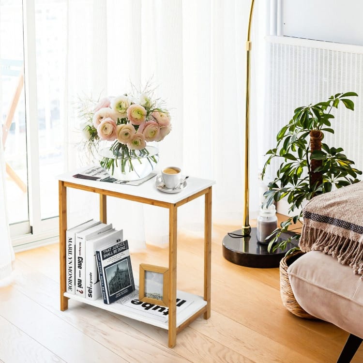 23 Inch Height 2-tier End Table with Bamboo Frame and Bottom Shelf-White - 21" x 12" x 23" (L x W x H)