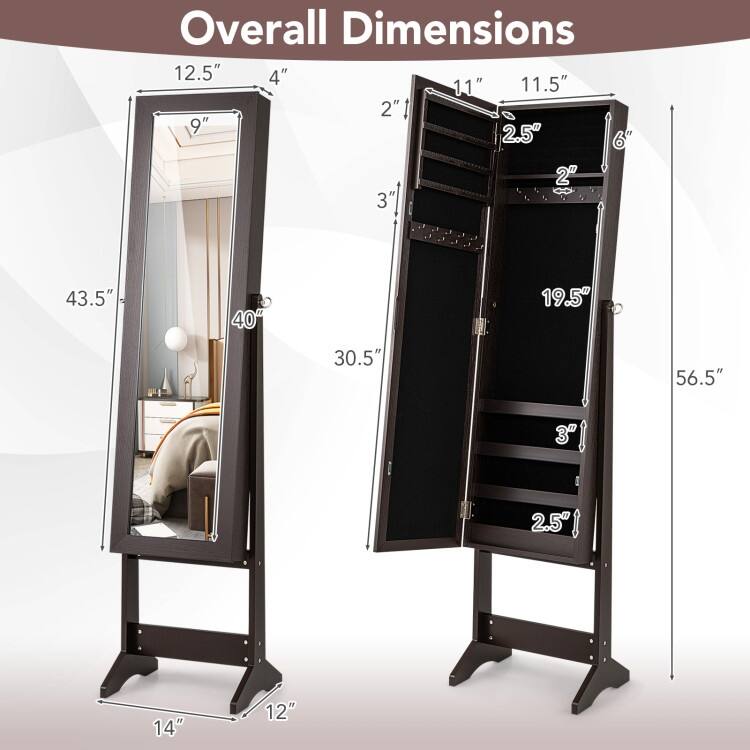Mirrored Standing Jewelry Cabinet Storage Box - 13" x 14.5" x 56" (L x W x H)