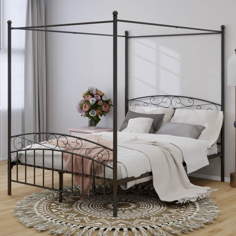 Caxkun Canopy Bed Frame Four-Poster Metal Platform Bed - Black - Queen