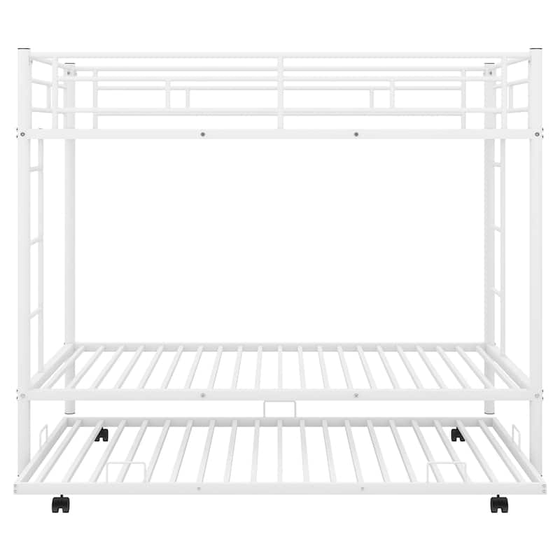 White Twin Over Twin Bunk Bed with Trundle, Space-Saving Design