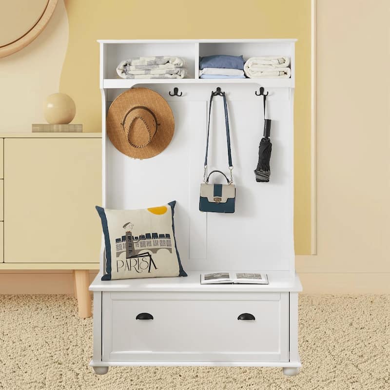 Entryway Hall Tree with Shoe Organizer Cabinet Bench, Open Shelves, and Coat Hooks, Perfect Storage for Hallways, Mudrooms - White