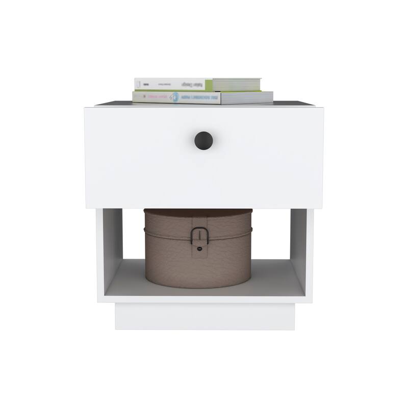 White Nightstand with Drawer and Open Shelf - Compact Side Table for Bedroom or Living Room