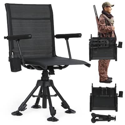 360 Degree Swivel Hunting Chair, Silent Adjustable Blind Seat with Armrests, Cup Holder, No-Sink Feet & Carry Strap