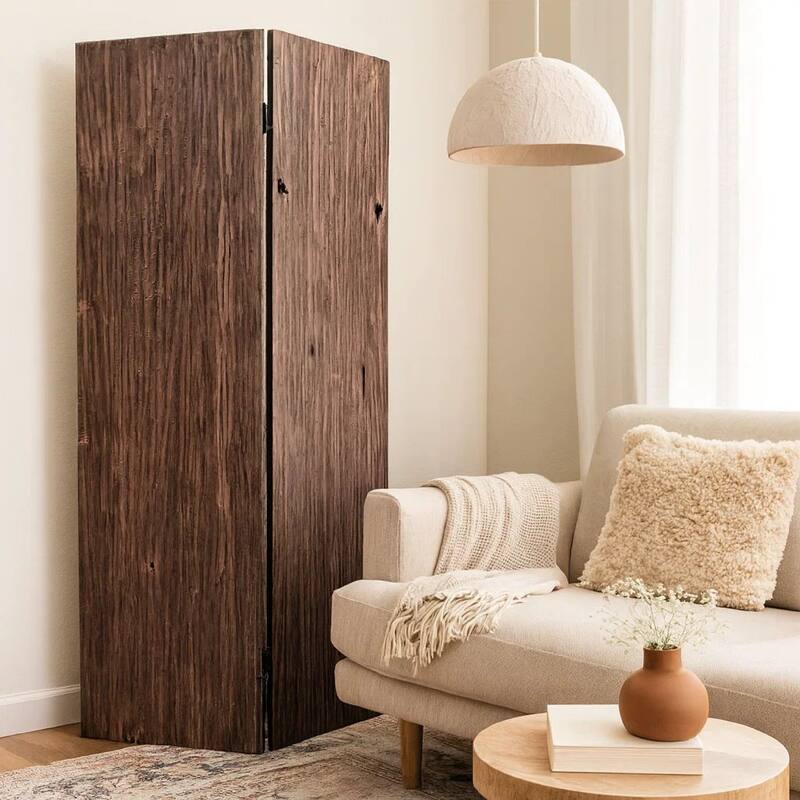Textured and Bark Designed Wooden 3 Panel Room Divider , Natural Brown