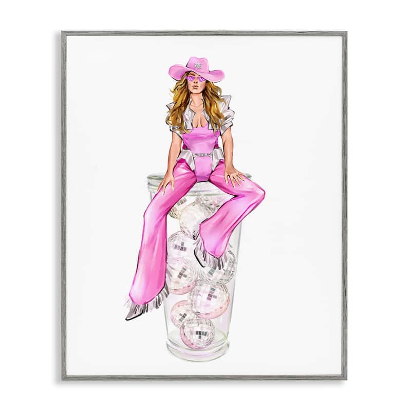 Stupell Pink Cowgirl & Disco Balls Framed Giclee Art Design By Ziwei Li - 11 x 14 - Grey