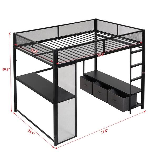 Full Size Gaming Loft Bed with Desk and LED Lights, Metal Loft Bed Frame w/ 3 Linen Storage Drawers, Open Wardrobe & Ladder