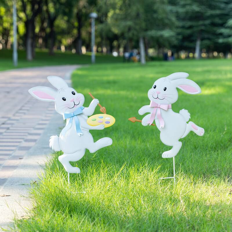 Glitzhome Set of 2 Easter Metal Bunny Painter Yard Stake