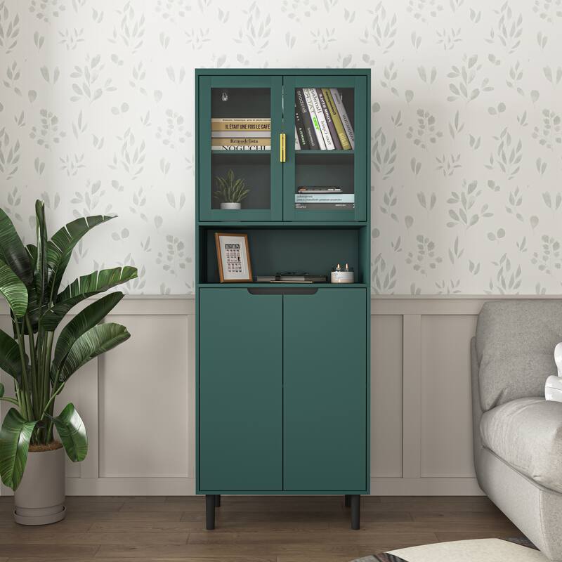 Tall Kitchen Pantry Cabinet with Glass Doors & Gold Handles, 63" Storage for Bathroom & Dining Rooms