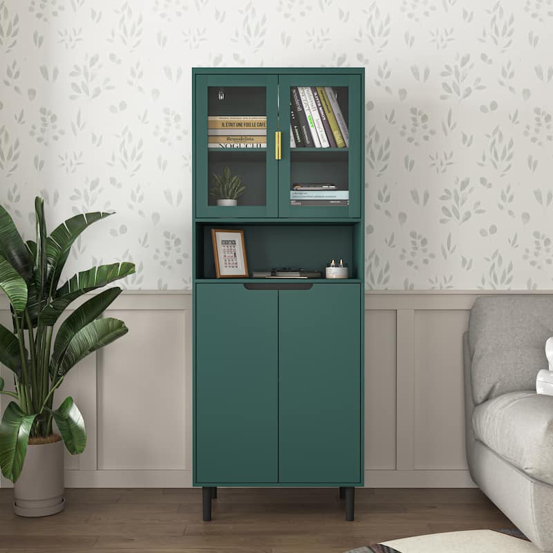 Tall Storage Bookcase with 2 Glass Display Door & 2 Doors, Tall Kitchen Pantry Cabinet with Gold Handles - Green