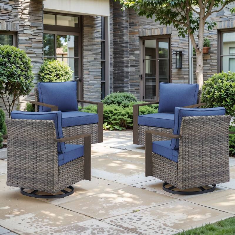 Pocassy Outdoor Patio Chairs Set for Garden Yards - 4 Pieces Swivel Chairs - Grey Wicker Blue Cushion