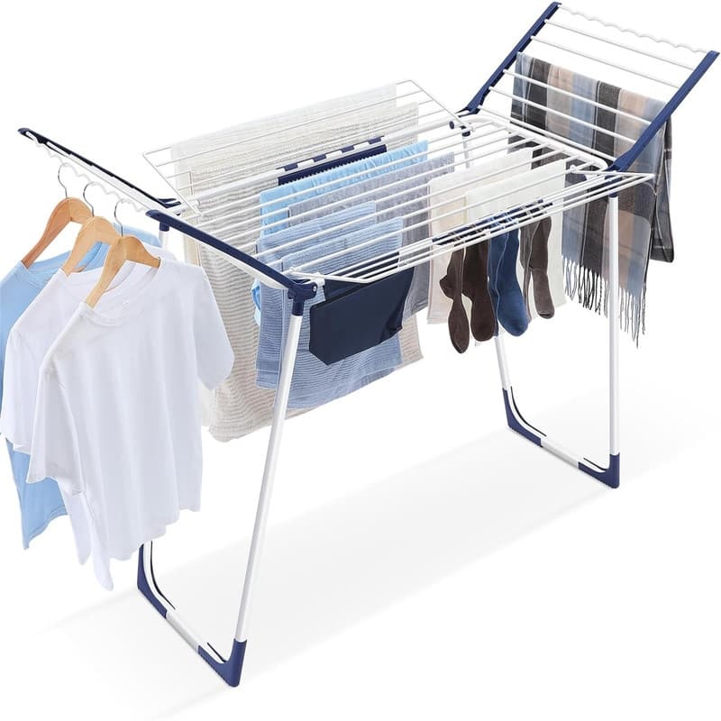 Clothes Drying Rack, Foldable Laundry Rack with Sock Clips - 34.64"D x 65.74"W x 42.12"H