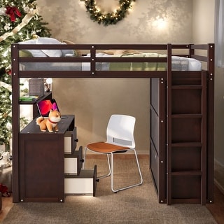 Full size Loft Bed with Drawers, Desk and Wardrobe, Space-saving, Black