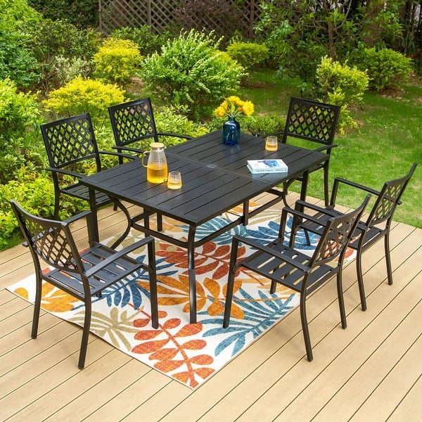 6 seat outdoor patio set with umbrella 6-Piece Gray Metal Steel Square Outdoor Dining Set with Umbrella and 4- Chairs OUT-D-450