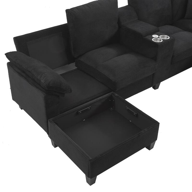 Corduroy Upholstered 4 Seat Sofa, U-shaped Sectional Sofa with Movable Storage Ottomans, Console, Cup Holders and USB Ports