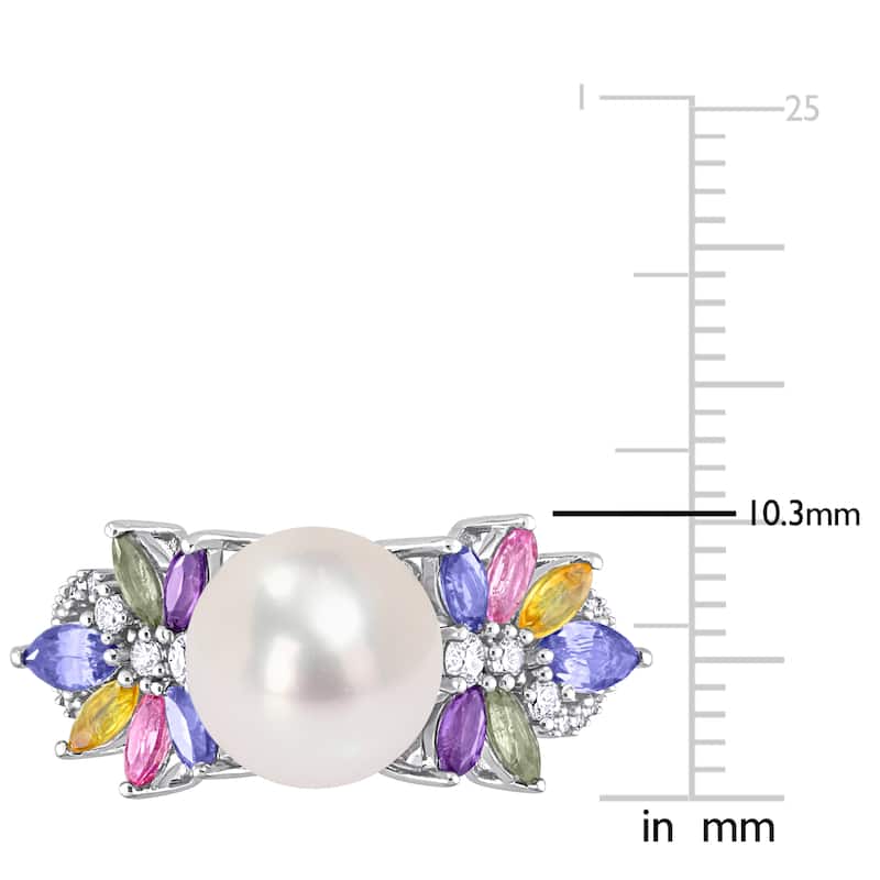 Miadora 9-9.5mm Cultured Freshwater Pearl 1 3/4ct TGW Multi Sapphire 1/8ct TW Diamond Flower Ring in 14k White Gold