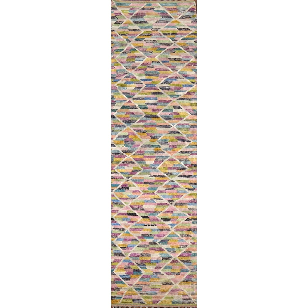 Trellis Striped Moroccan Oriental Runner Rug Handmade Wool Carpet - 2'4"x 12'9"