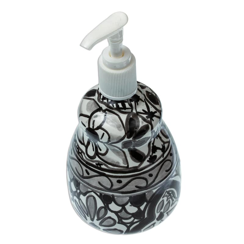 Novica Handmade Monochrome Flowers Ceramic Soap Dispenser - Black