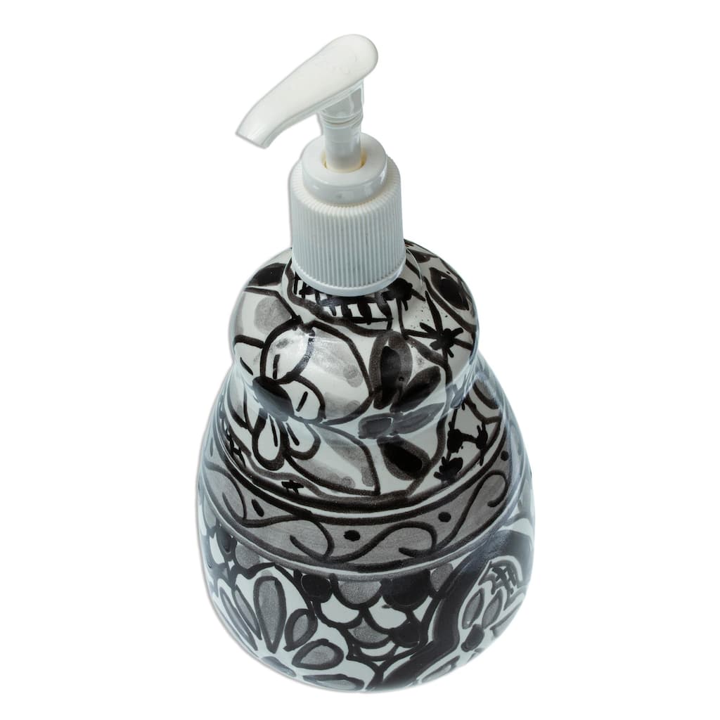 Novica Handmade Monochrome Flowers Ceramic Soap Dispenser - Black