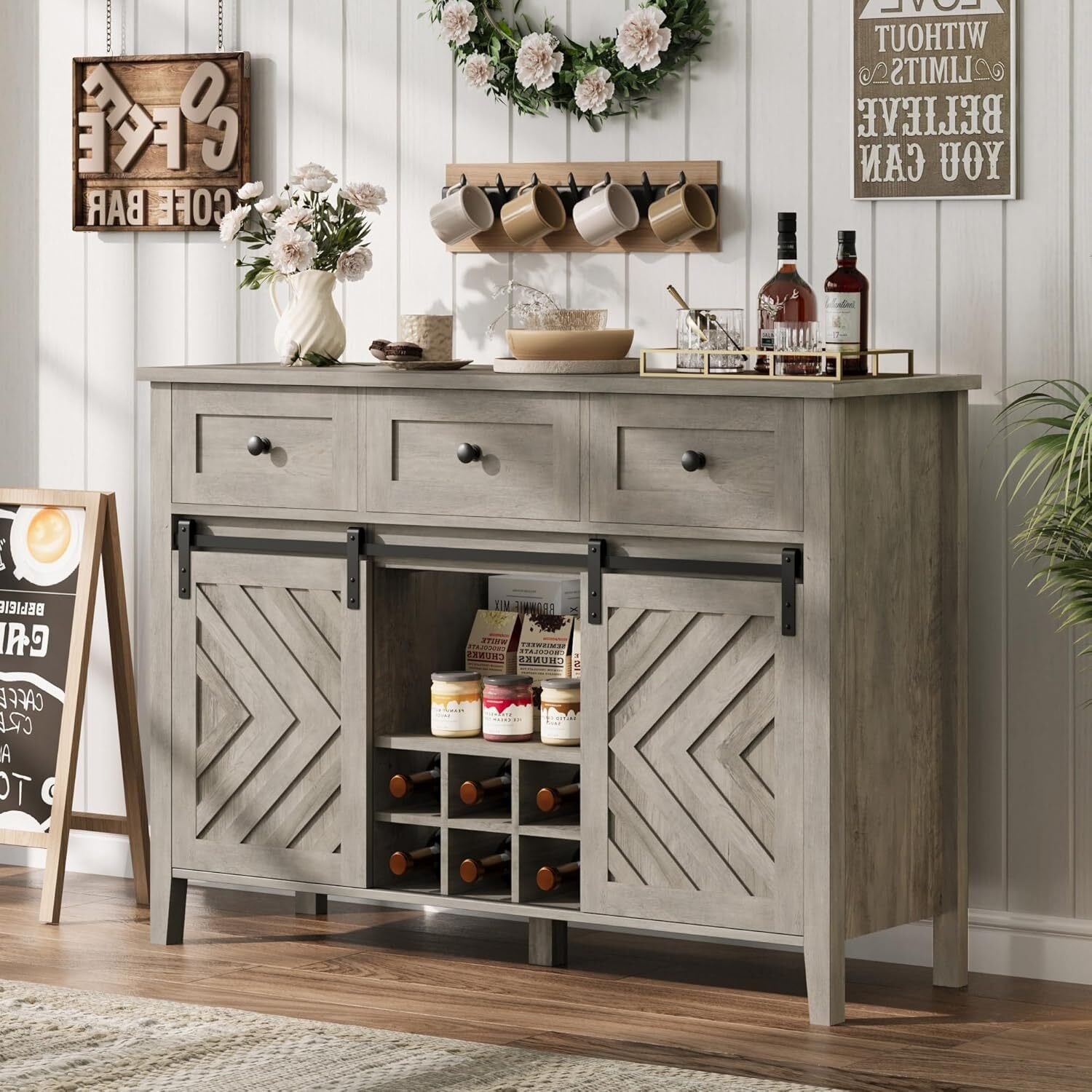 47.2'' Farmhouse Buffet Cabinet with Sliding Barn Door,Wood Sideboard with 3 Drawer, Adjustable Shelf and Removable Wine Rack
