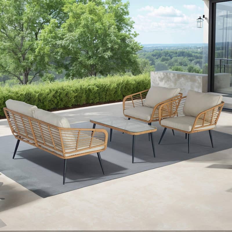 4-Piece Outdoor Patio Furniture Set with Cushions & Tempered Glass Table, Rattan Bistro Set for Garden, Porch, Backyard