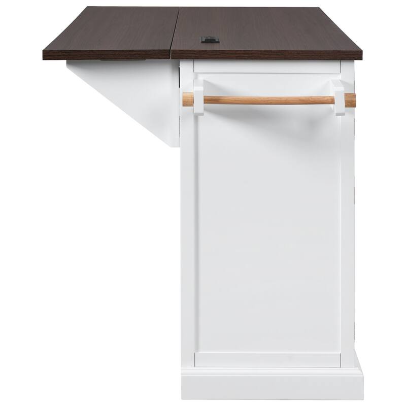 54.9" Kitchen Island with Drop Leaf, Power Outlet, with 4 Door Shelves, Cross Barn Doors & Visual Glass Door on 4 Wheels