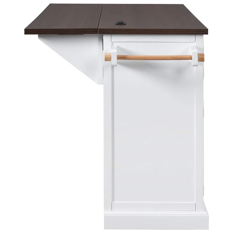 54.9"Kitchen Island with Drop Leaf, 4 Door Shelves, Cross Barn Doors & Visual Glass Door, Rolling Kitchen Island on 4 Wheels