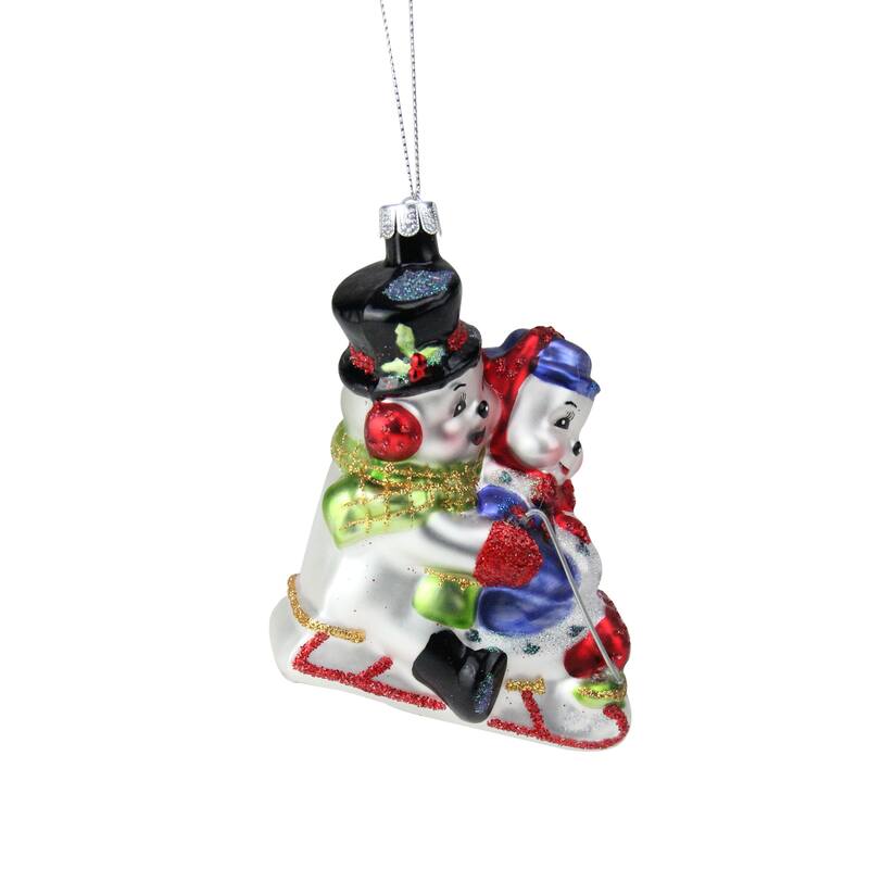 4.5" White Red Cheerful Sledding Snowmen Couple Glass Ornament