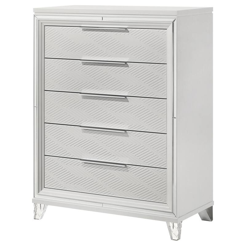 Mory Tall Dresser Chest, 5 Drawer, Embossed Herringbone Pattern, White