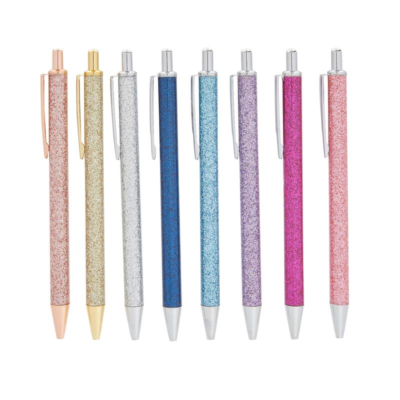 Paper Junkie 8 Pack Glitter Metal Retractable Pens, Sparkle Ballpoint Set for Office Supplies, Black Ink