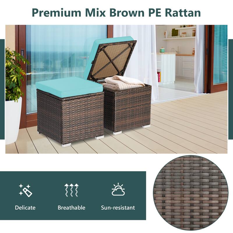 Costway 2PCS Patio Rattan Ottomans Seat Side Table Storage Box - See Details