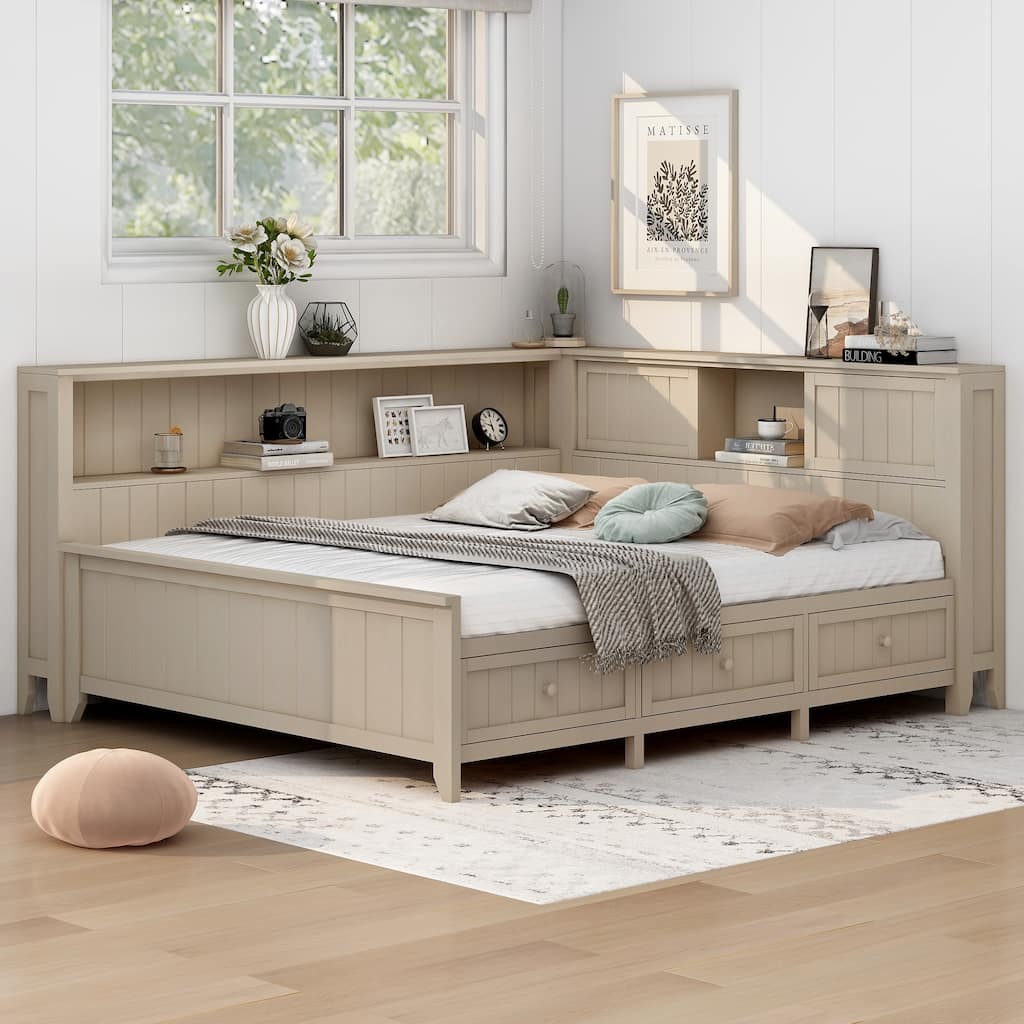 Full Size Wood Daybed L-Shaped Corner Bed Frame with Storage Shelves and 3 Drawers, Versatile Storage Bed for Bedroom