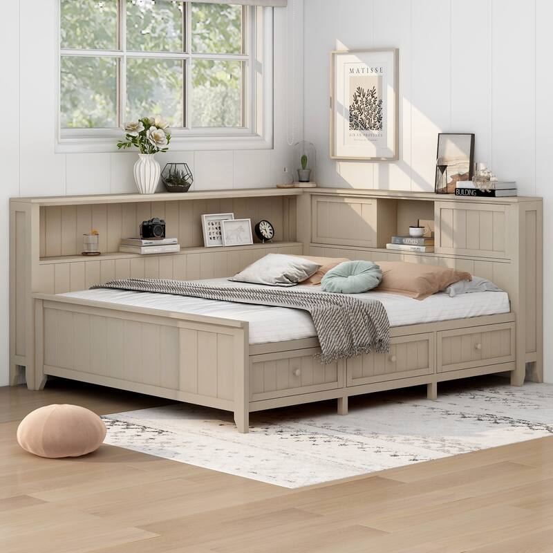 Sturdy Wood Platform Frame Daybed with Storage Shelves and 3 Drawers, Space-Saving Design for Bedroom or Guest Room