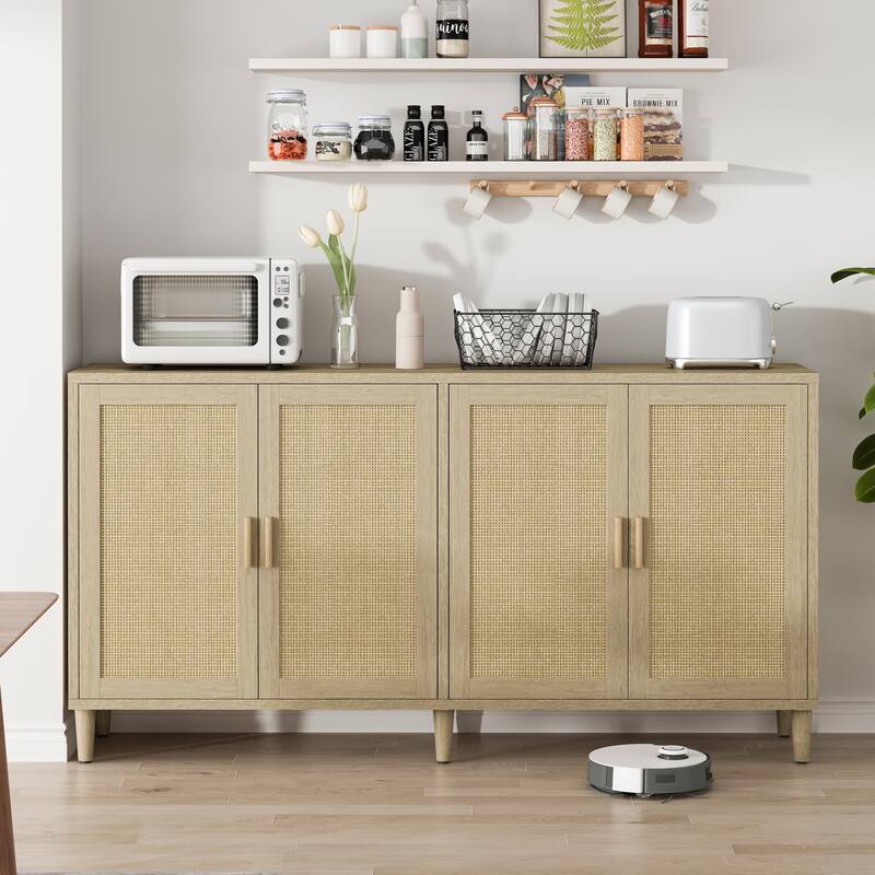 70" Rattan Buffet Cabinet with Storage, 4-Door Sideboard Buffet Cabinet with Adjustable Shelves,Easy Assembly - Beige
