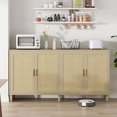 Rattan Sideboard Buffet Cabinet, 70" Storage Cabinet with Adjustable Shelves, Farmhouse Credenza Coffee Bar Cabinets w/ 4 Doors聽
