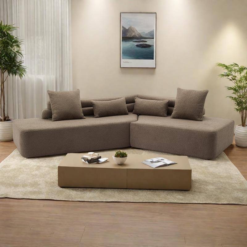 128" Polyester Modular 4-Seater Sectional Sofa with Boucle Teddy Fabric, Pocket Spring Support, and No Assembly Required - Brown
