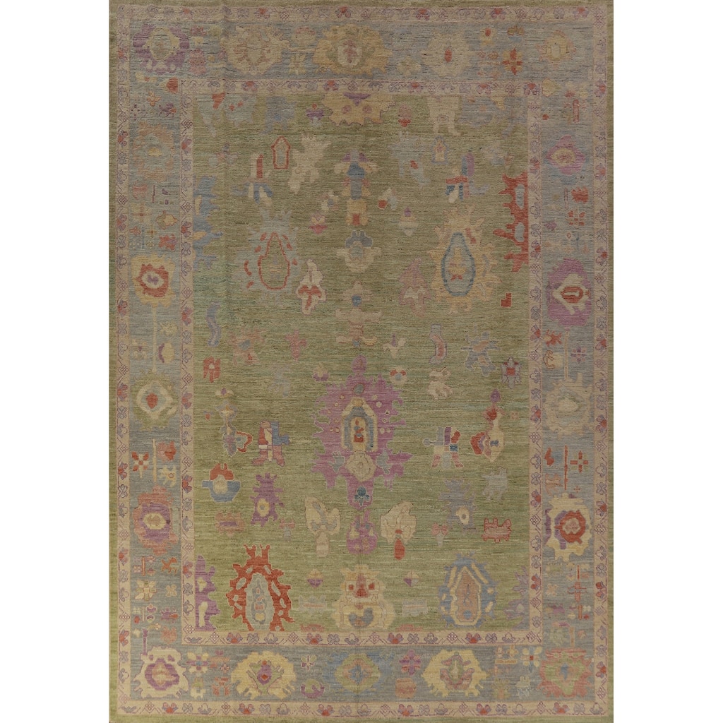 Hand Knotted Oriental 100% Wool Carpet Transitional All-Over Green Oushak Area Rug - 12' 5'' X 9' 3''
