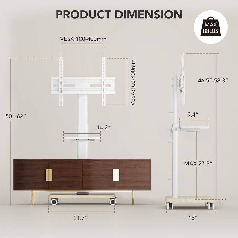 Mobile TV Stand for 27 to 65 Inch TVs, Portable Rolling TV Cart on Wheels