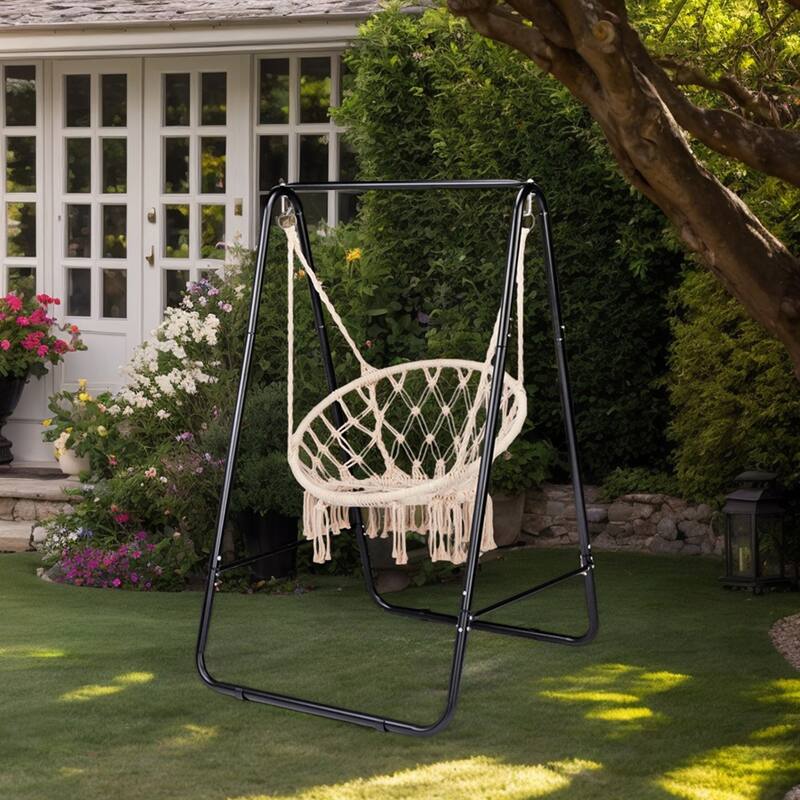 Black Hammock Chair Stand with Double-Hook and Heavy-Duty Steel A-Frame for Indoor Outdoor Setup - 40.2” x 36.2” x 59.1”