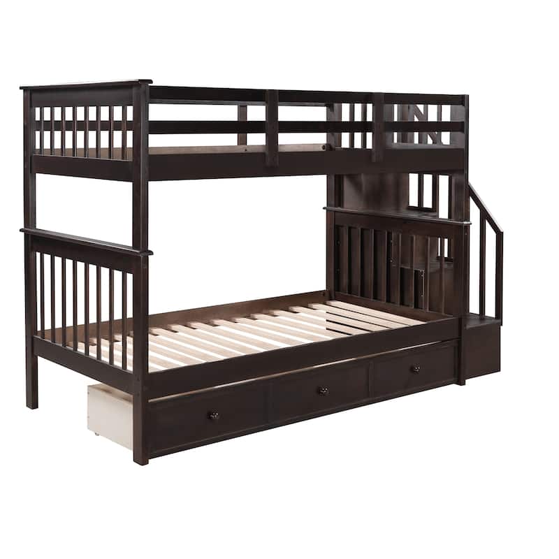 Twin-Over-Twin Bunk Bed with Stairs and Three Drawers, Espresso Finish