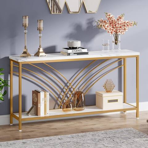 70.9 inch Extra Long Console Table Faux Marble Entryway Table Sofa Table for Living Room, White and Gold - Gold/White